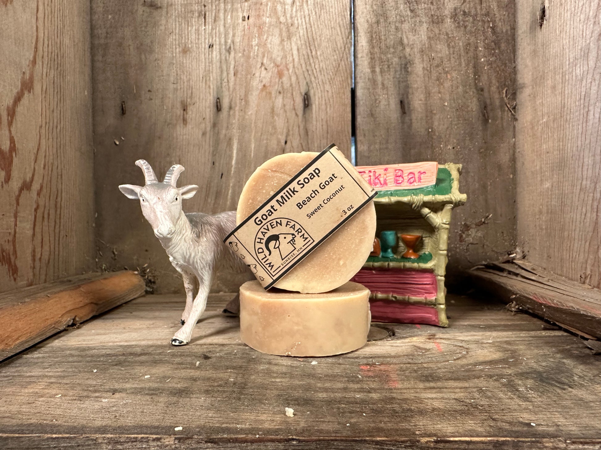 "Beach Goat" soap is scented with Coconut Fragrance Oil, giving it an exotic tropical scent. Hand-made by Wild Haven Farm in Sunrise, MN with milk exclusively from San Clemente Island goats from EB Ranch in WI!