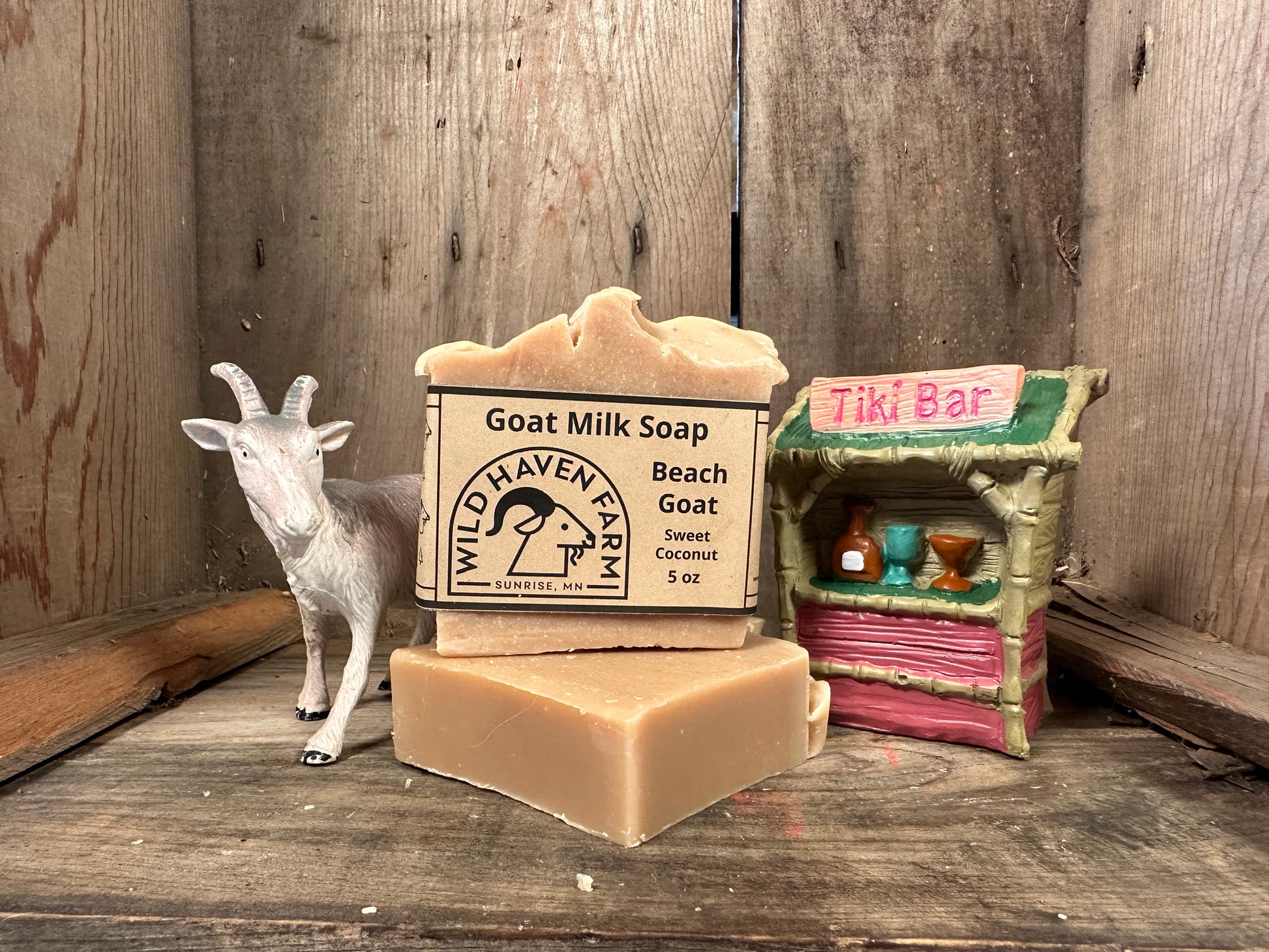 "Beach Goat" soap is scented with Coconut Fragrance Oil, giving it an exotic tropical scent. Hand-made by Wild Haven Farm in Sunrise, MN with milk exclusively from San Clemente Island goats from EB Ranch in WI!