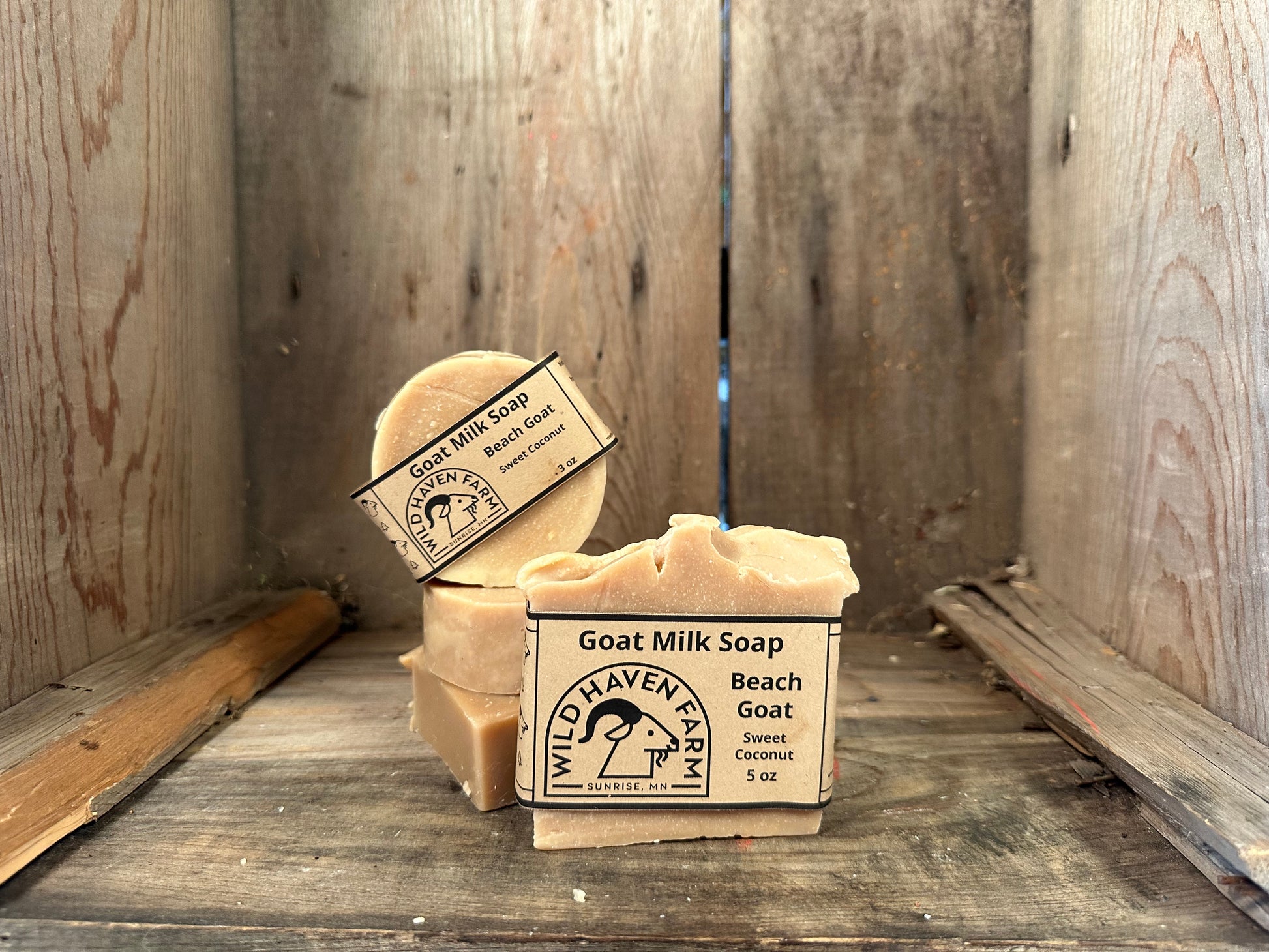"Beach Goat" soap is scented with Coconut Fragrance Oil, giving it an exotic tropical scent. Hand-made by Wild Haven Farm in Sunrise, MN with milk exclusively from San Clemente Island goats from EB Ranch in WI!