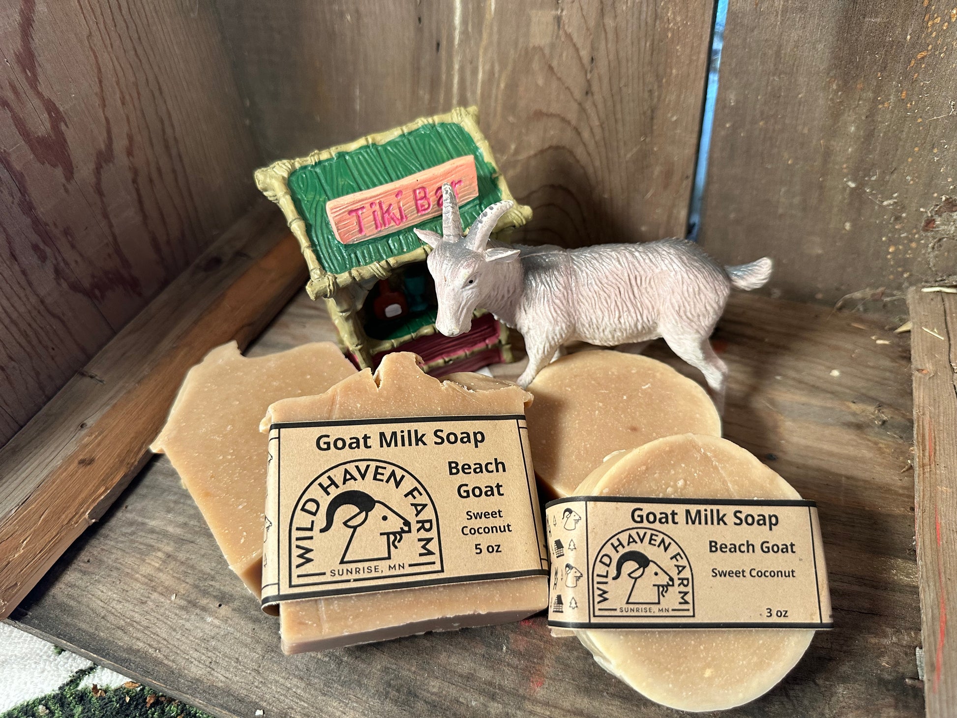 "Beach Goat" soap is scented with Coconut Fragrance Oil, giving it an exotic tropical scent. Hand-made by Wild Haven Farm in Sunrise, MN with milk exclusively from San Clemente Island goats from EB Ranch in WI!