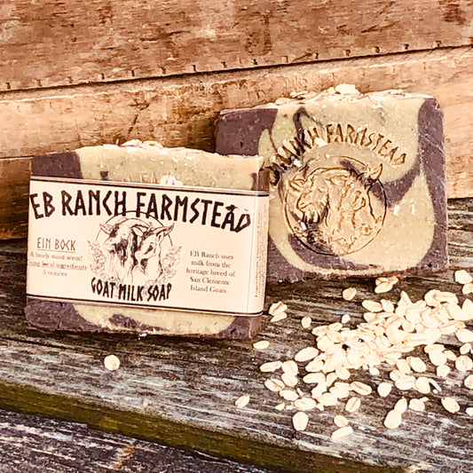 Bar of Wild Haven Farm's Ein Bock goat milk soap made with San Clemente Island goat milk