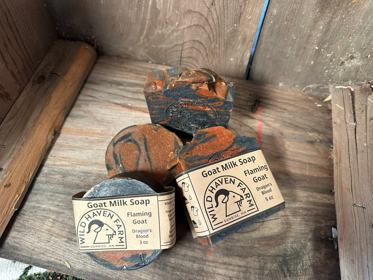 Bar of Wild Haven Farm's Flaming Goat Goat goat milk soap made with San Clemente Island goat milk