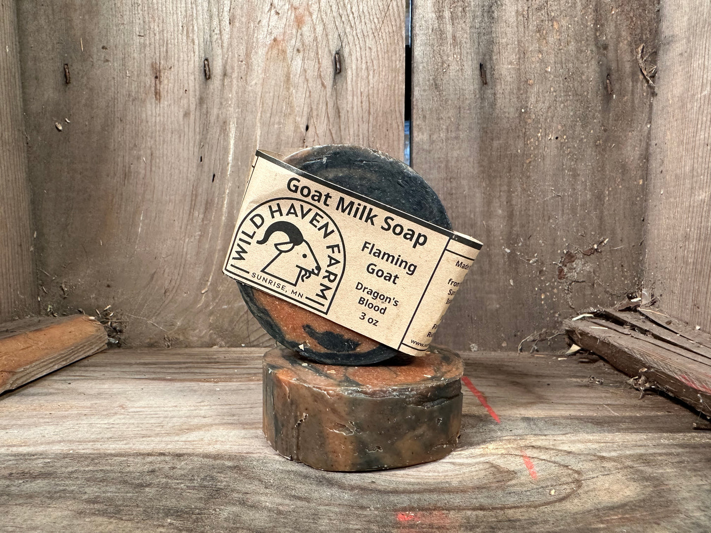 Bar of Wild Haven Farm's Flaming Goat Goat goat milk soap made with San Clemente Island goat milk
