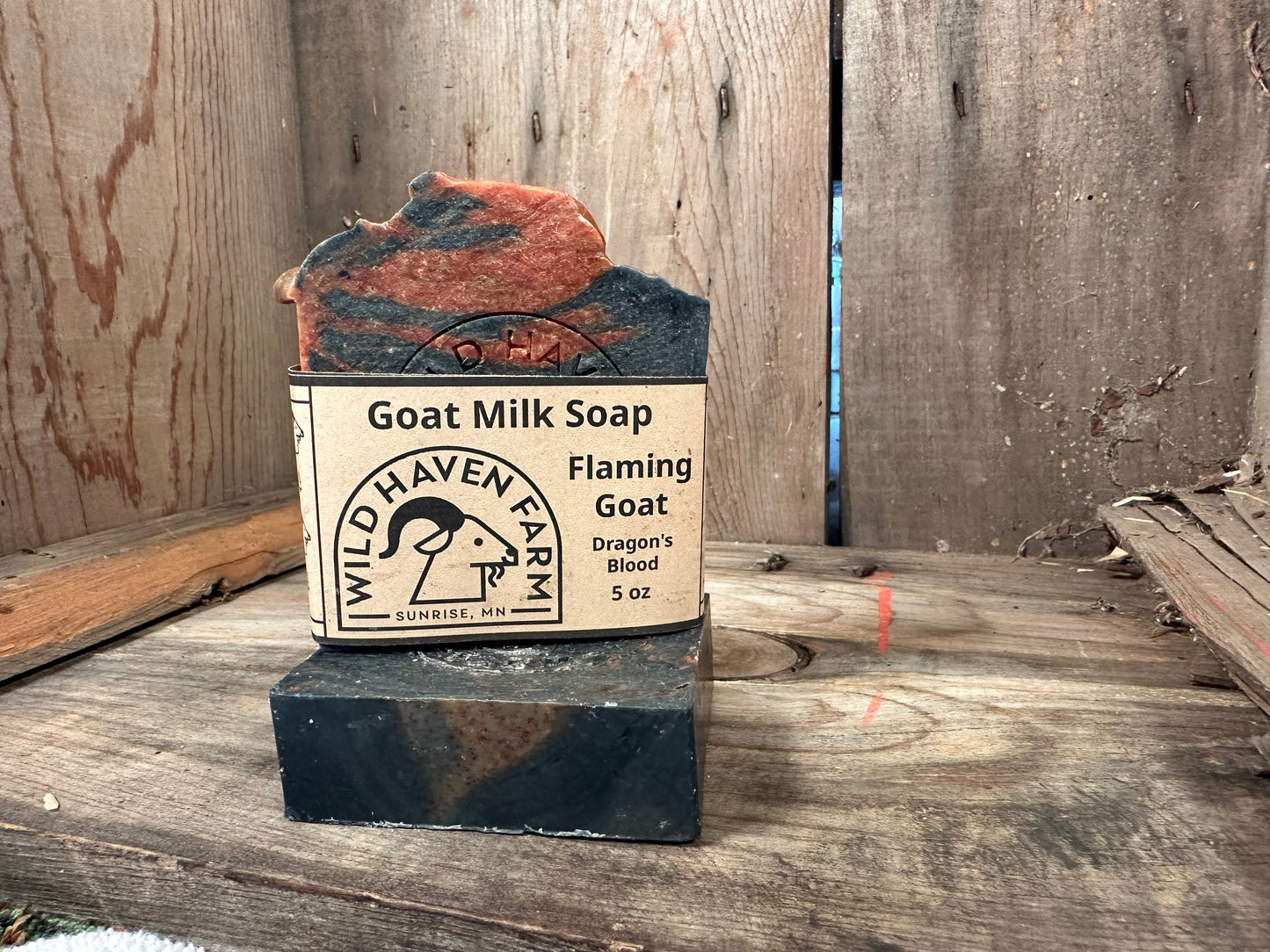 Bar of Wild Haven Farm's Flaming Goat Goat goat milk soap made with San Clemente Island goat milk
