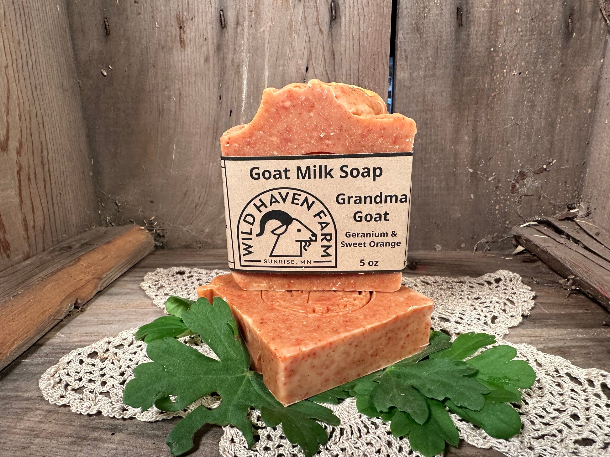 Bar of Wild Haven Farm's Grandma Goat goat milk soap made with San Clemente Island goat milk