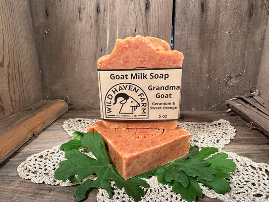 Bar of Wild Haven Farm's Grandma Goat goat milk soap made with San Clemente Island goat milk