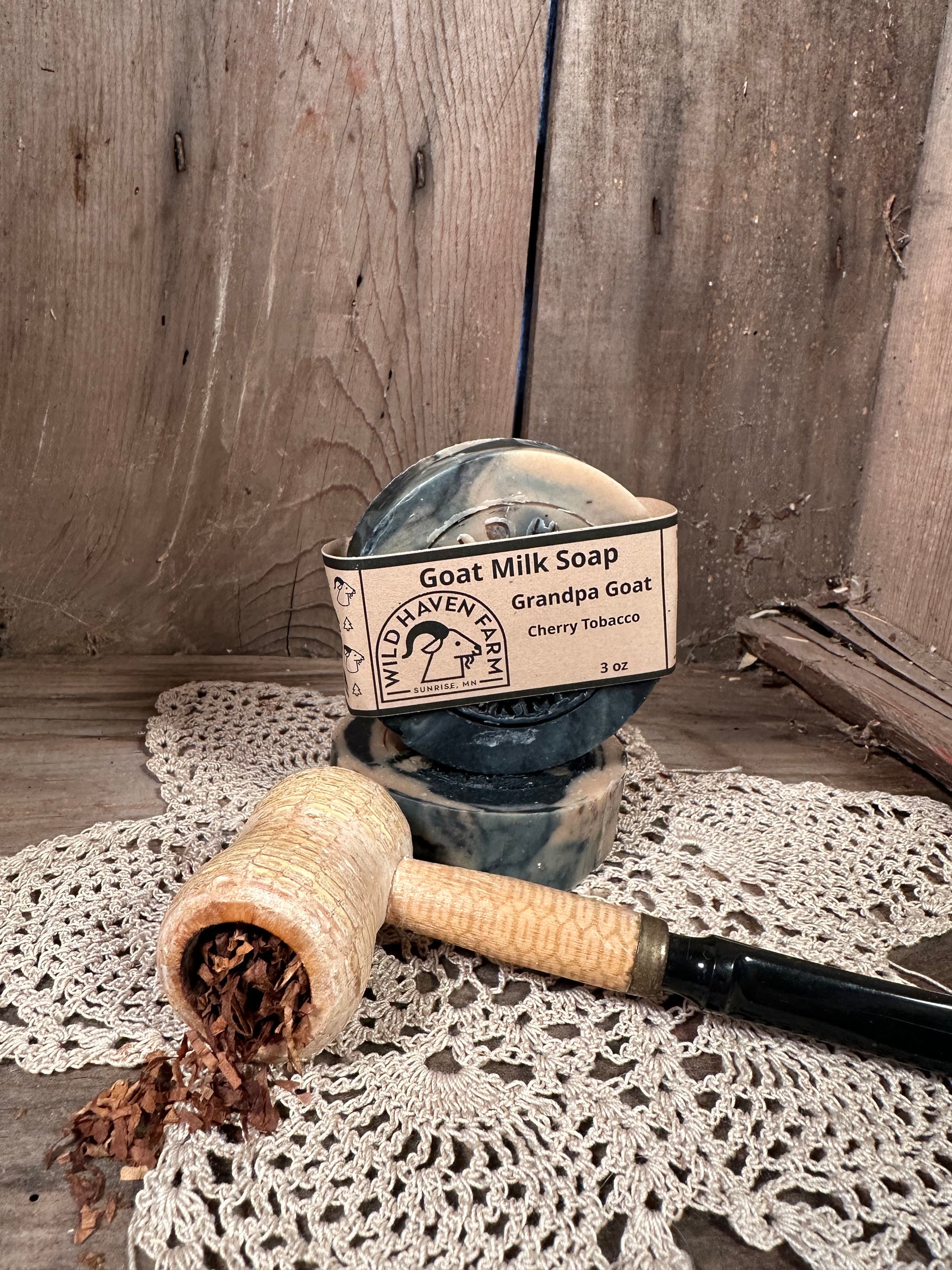Bar of Wild Haven Farm's Grandpa Goat goat milk soap made with San Clemente Island goat milk