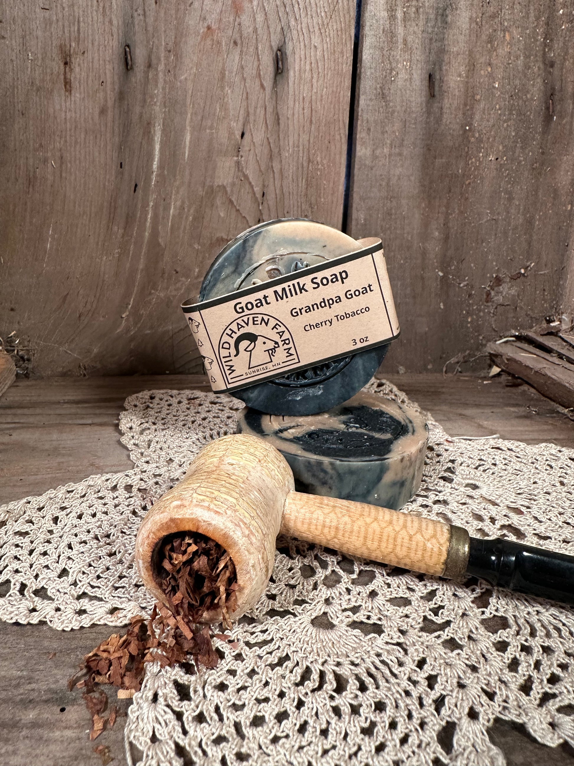 Bar of Wild Haven Farm's Grandpa Goat goat milk soap made with San Clemente Island goat milk