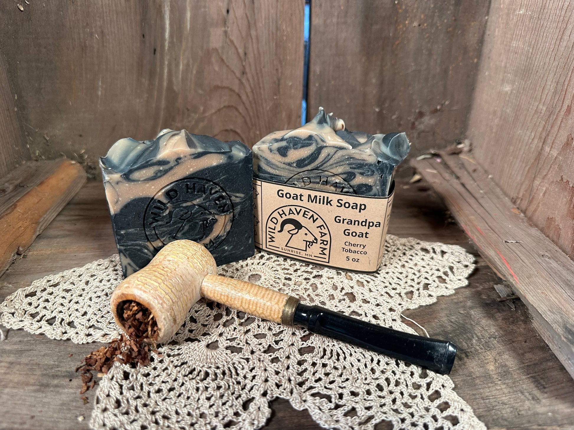 Bar of Wild Haven Farm's Grandpa Goat goat milk soap made with San Clemente Island goat milk