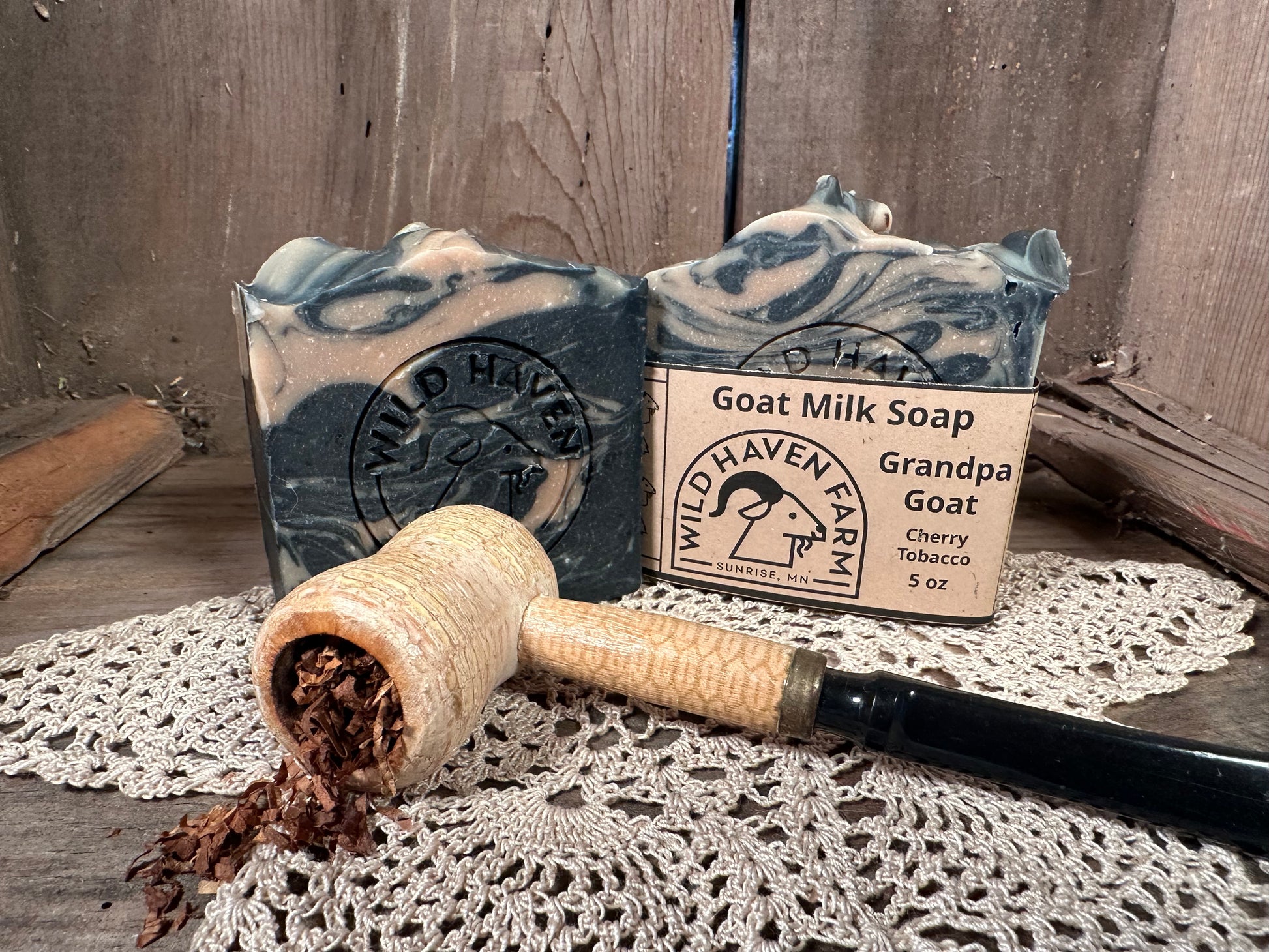 Bar of Wild Haven Farm's Grandpa Goat goat milk soap made with San Clemente Island goat milk