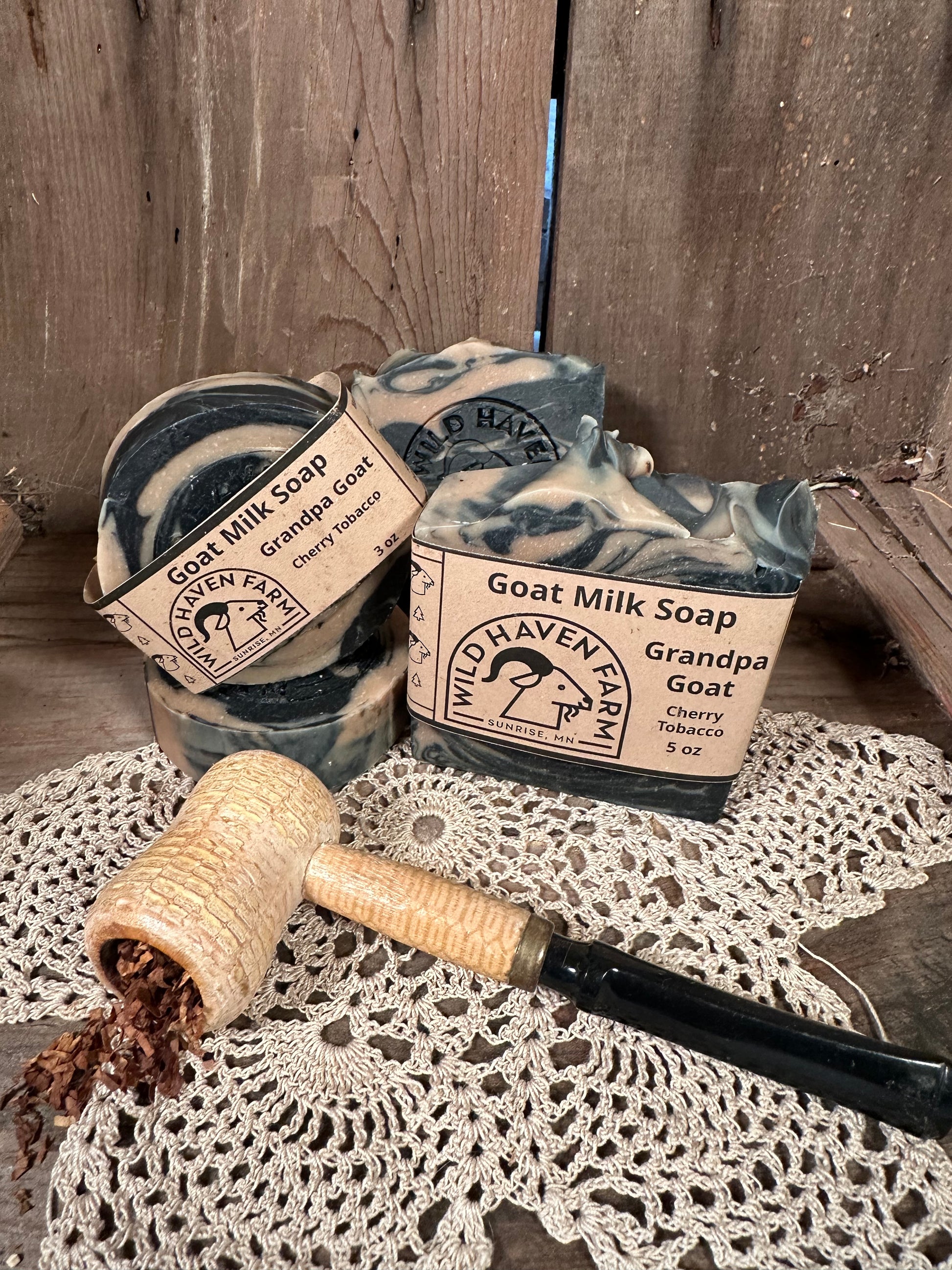 Bar of Wild Haven Farm's Grandpa Goat goat milk soap made with San Clemente Island goat milk