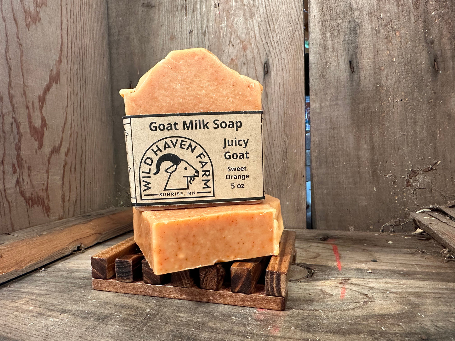 Bar of Wild Haven Farm's Juicy Goat goat milk soap made with San Clemente Island goat milk