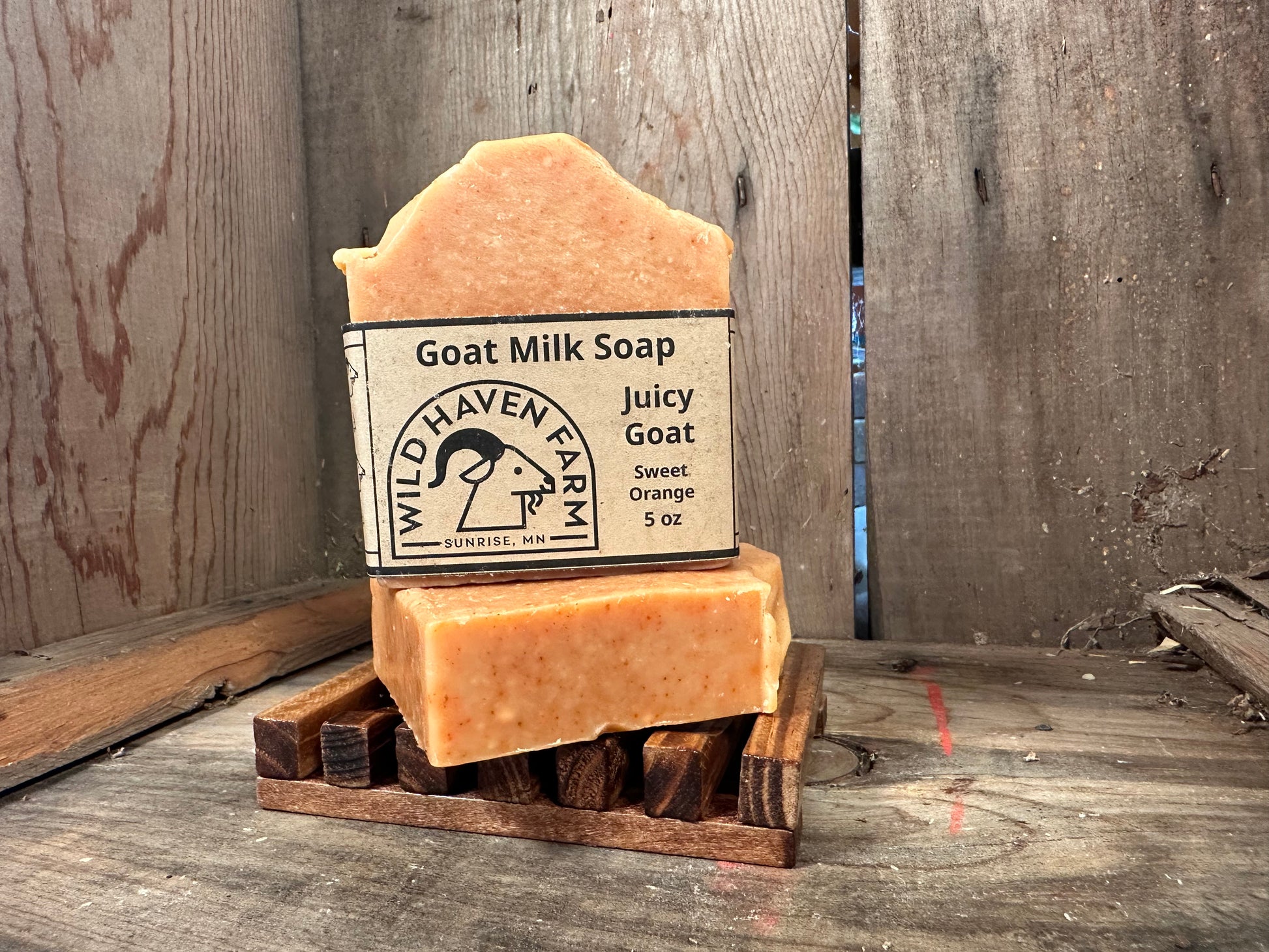 Bar of Wild Haven Farm's Juicy Goat goat milk soap made with San Clemente Island goat milk