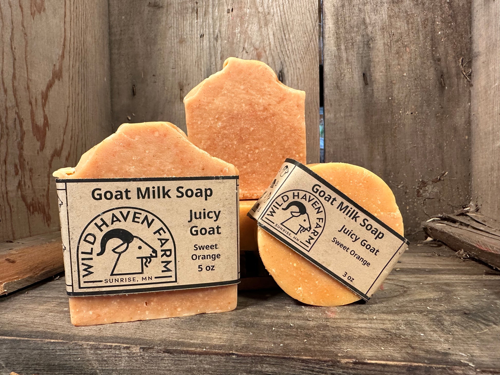 Bar of Wild Haven Farm's Juicy Goat goat milk soap made with San Clemente Island goat milk