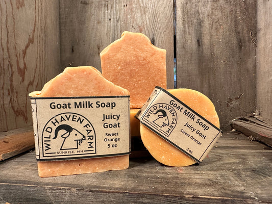 Bar of Wild Haven Farm's Juicy Goat goat milk soap made with San Clemente Island goat milk