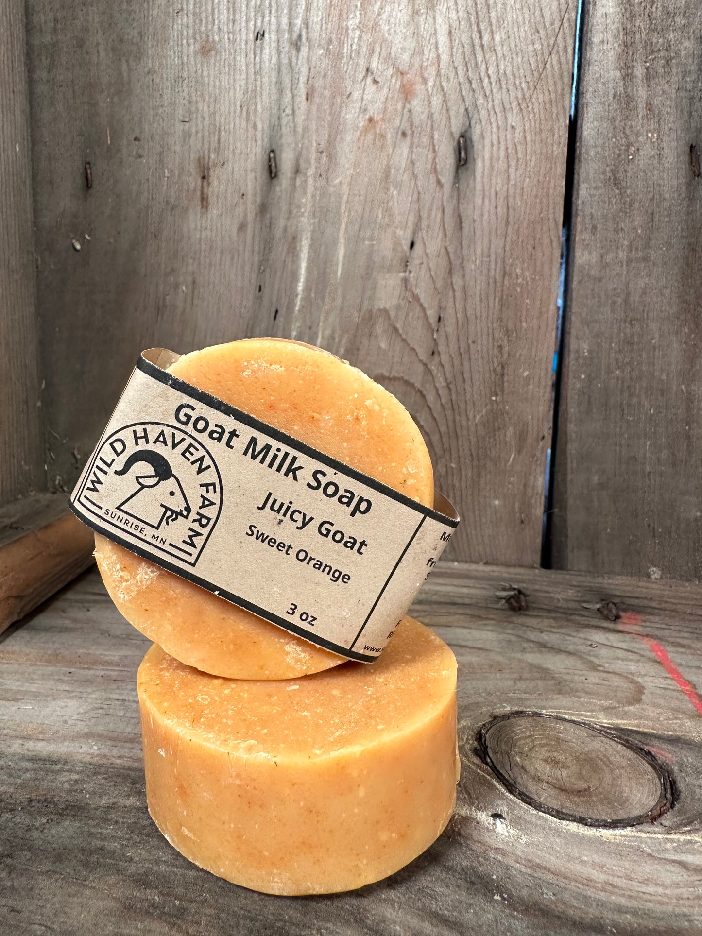 Bar of Wild Haven Farm's Juicy Goat goat milk soap made with San Clemente Island goat milk