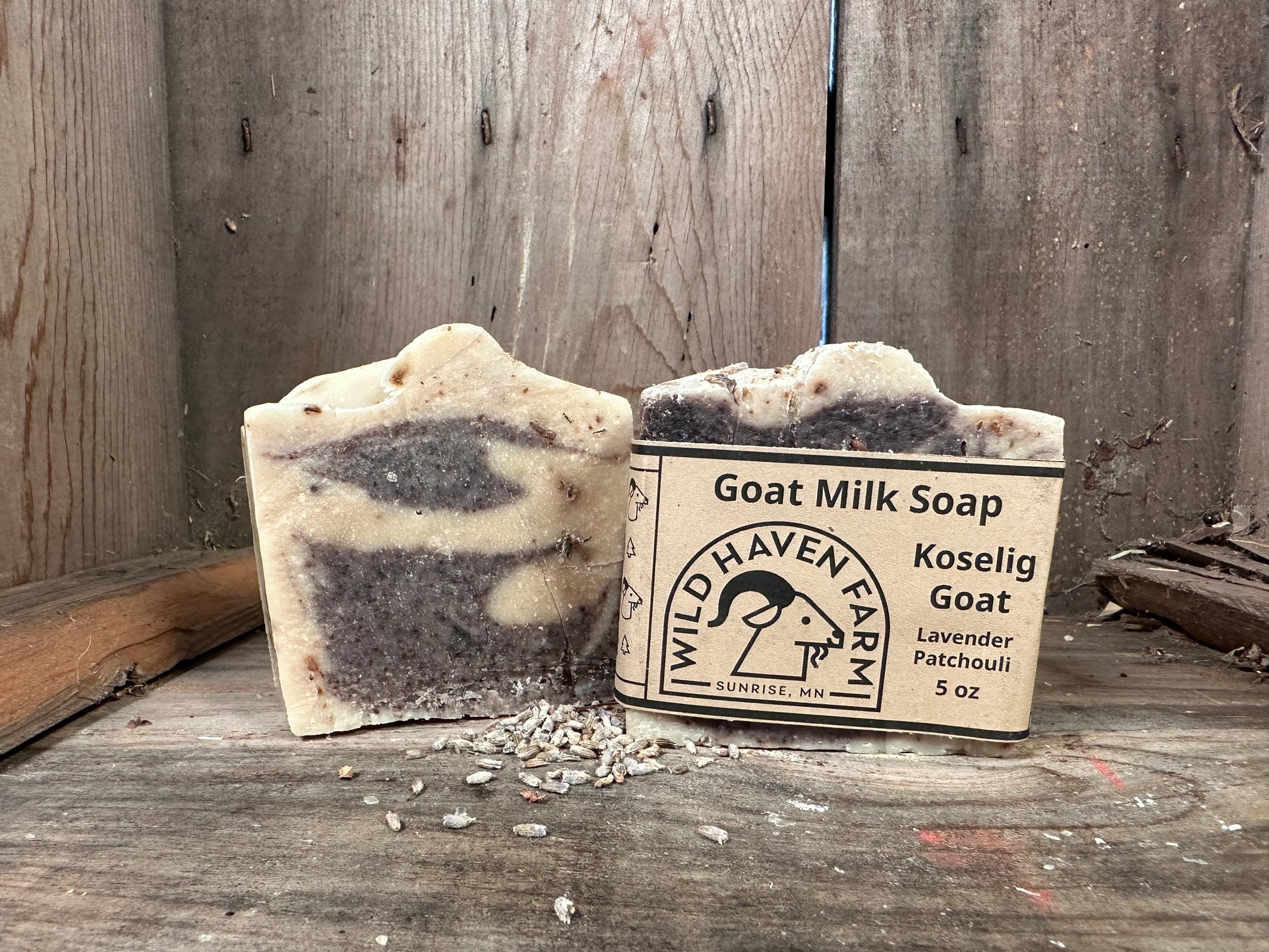 Bar of Wild Haven Farm's Koselig goat milk soap made with San Clemente Island goat milk