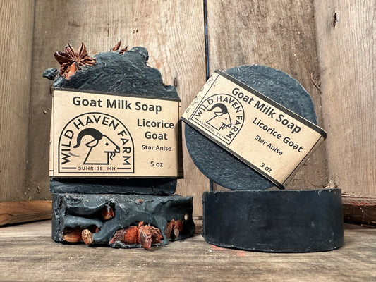Bar of Wild Haven Farm's Licorice goat milk soap made with San Clemente Island goat milk