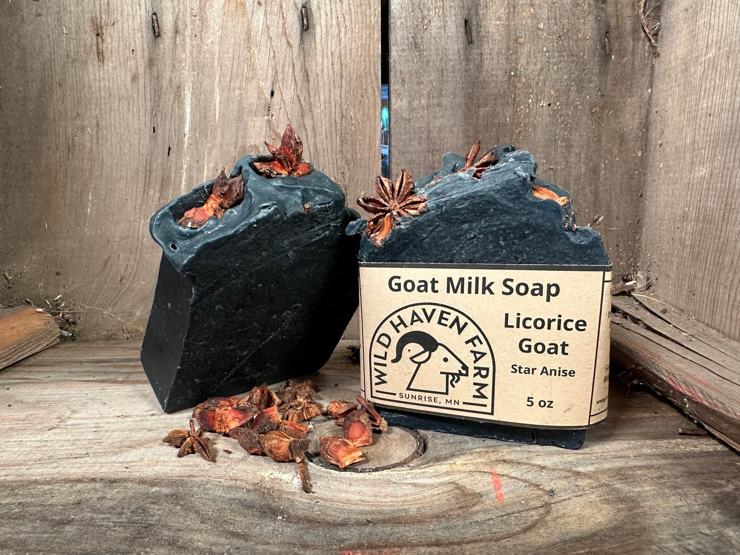 Bar of Wild Haven Farm's Licorice goat milk soap made with San Clemente Island goat milk