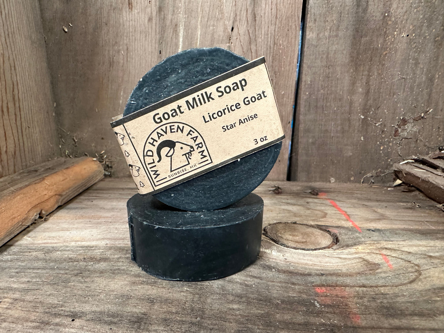 Bar of Wild Haven Farm's Licorice goat milk soap made with San Clemente Island goat milk