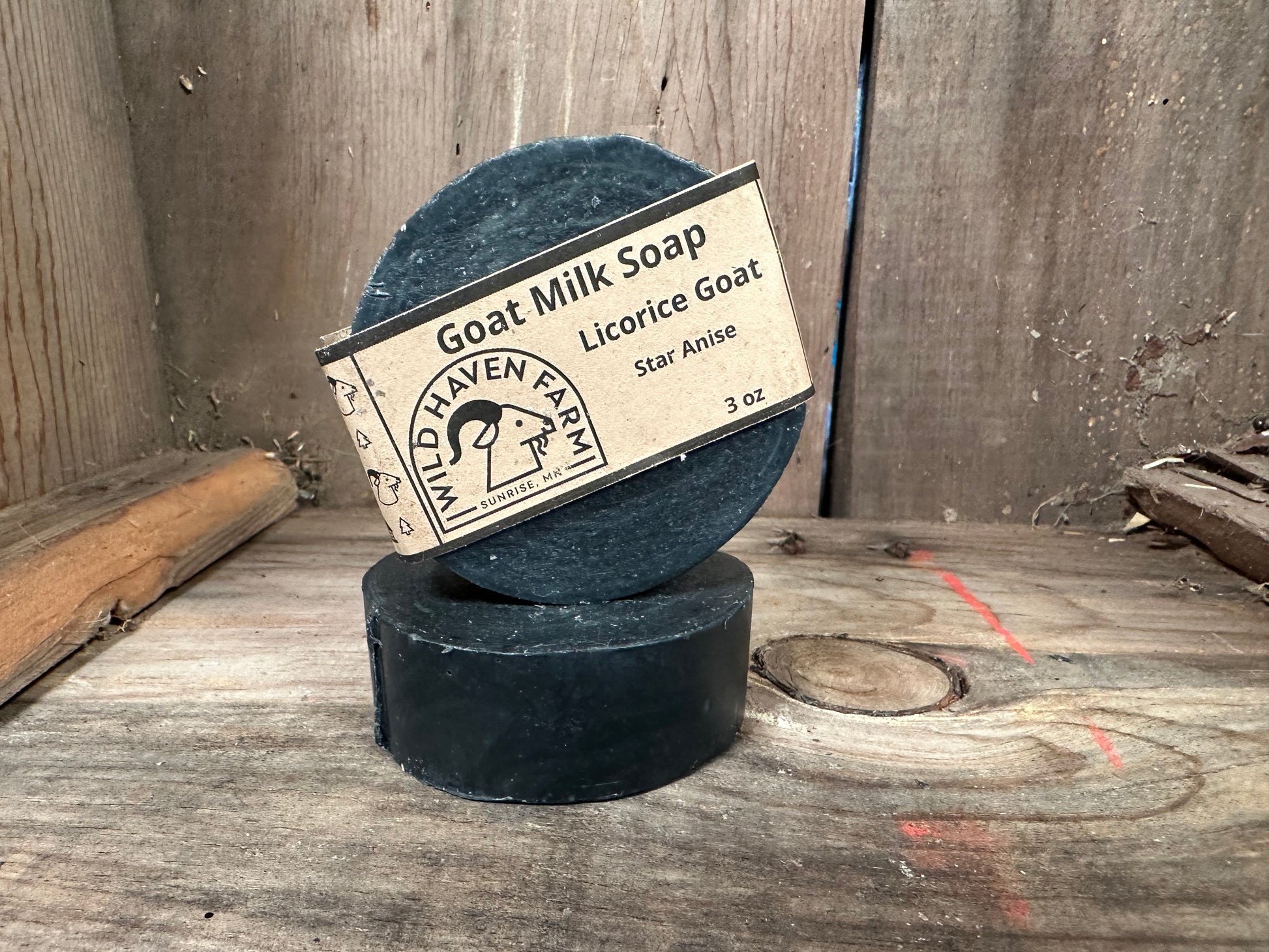 Bar of Wild Haven Farm's Licorice goat milk soap made with San Clemente Island goat milk