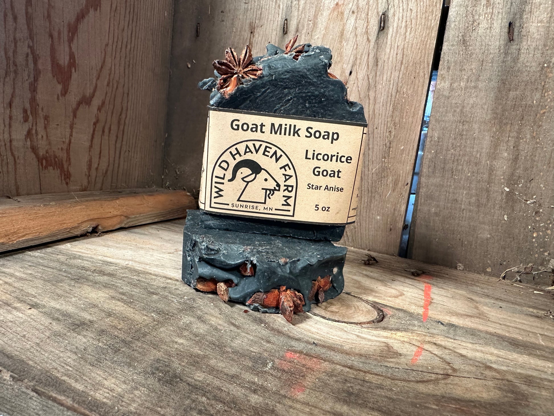 Bar of Wild Haven Farm's Licorice goat milk soap made with San Clemente Island goat milk