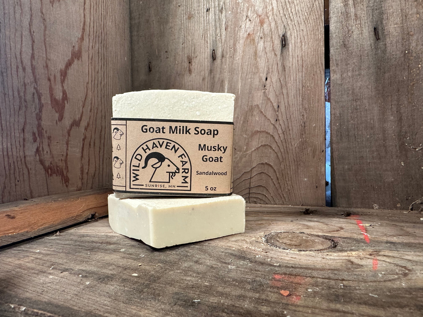 Bar of Wild Haven Farm's Musky Goat goat milk soap made with San Clemente Island goat milk