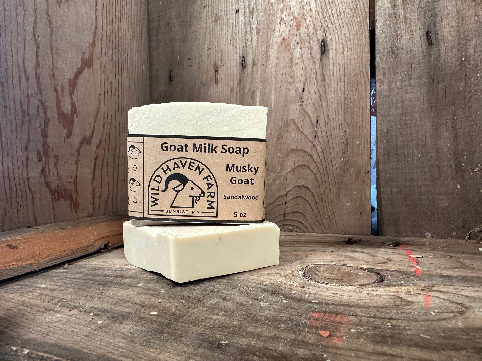 Bar of Wild Haven Farm's Musky Goat goat milk soap made with San Clemente Island goat milk