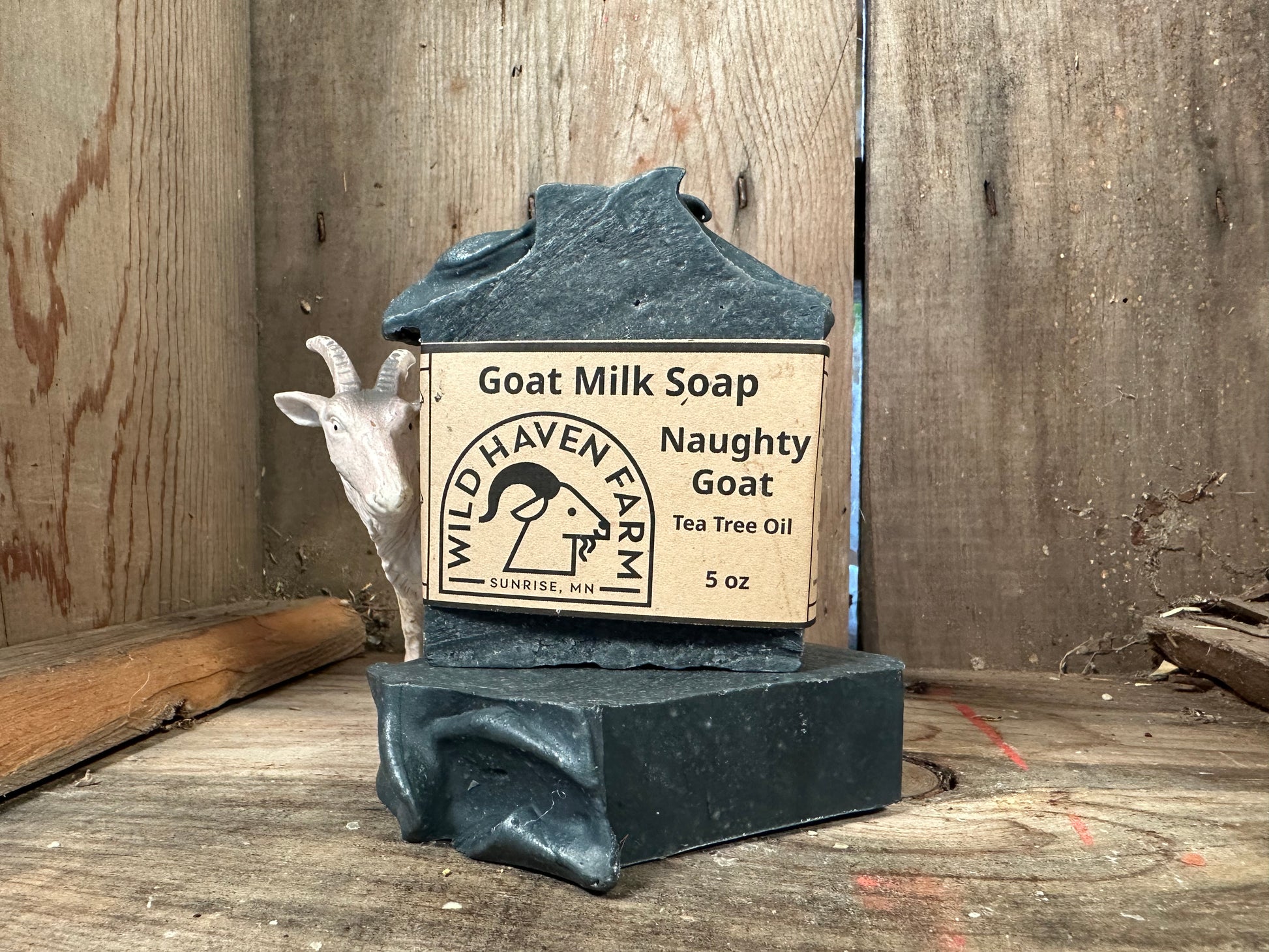 Bar of Wild Haven Farm's Naughty Goat goat milk soap made with San Clemente Island goat milk