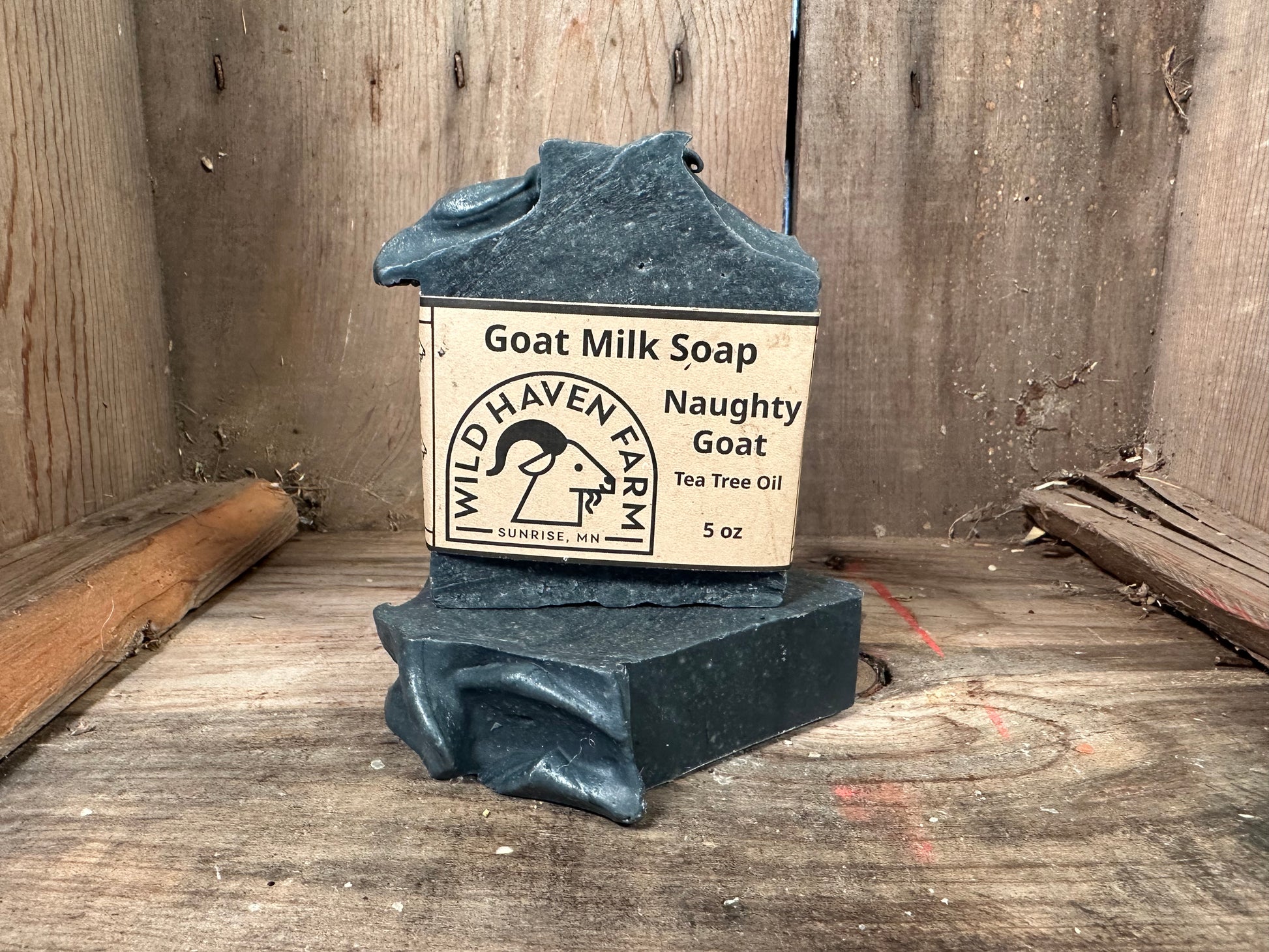 Bar of Wild Haven Farm's Naughty Goat goat milk soap made with San Clemente Island goat milk