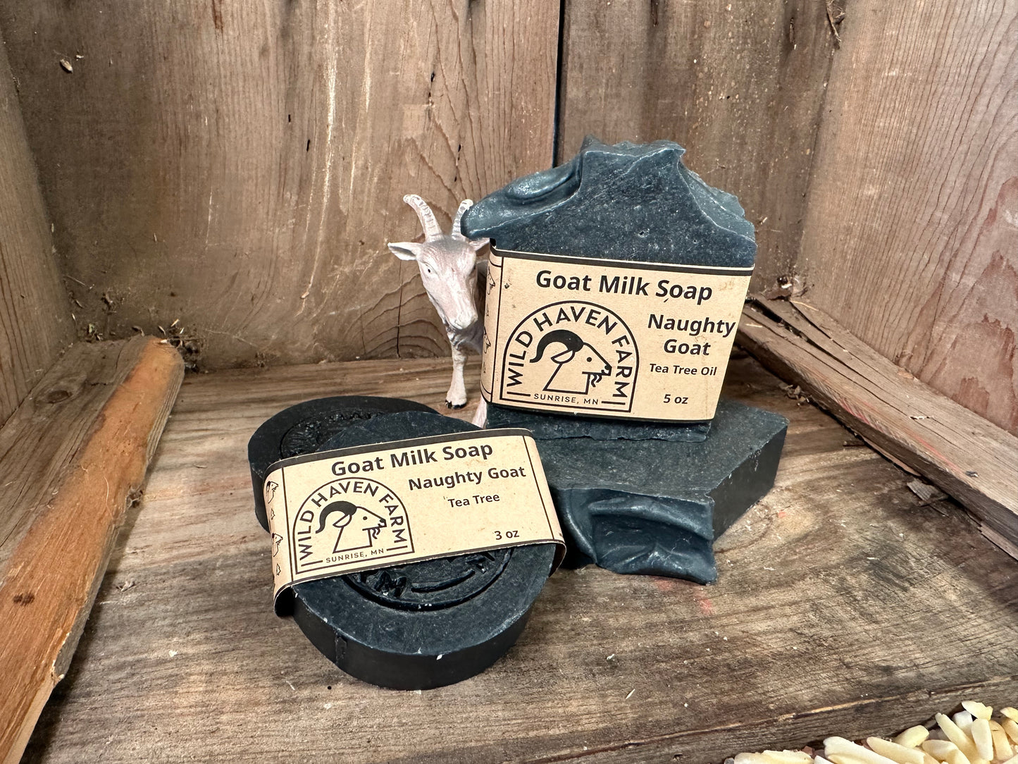 Bar of Wild Haven Farm's Naughty Goat goat milk soap made with San Clemente Island goat milk