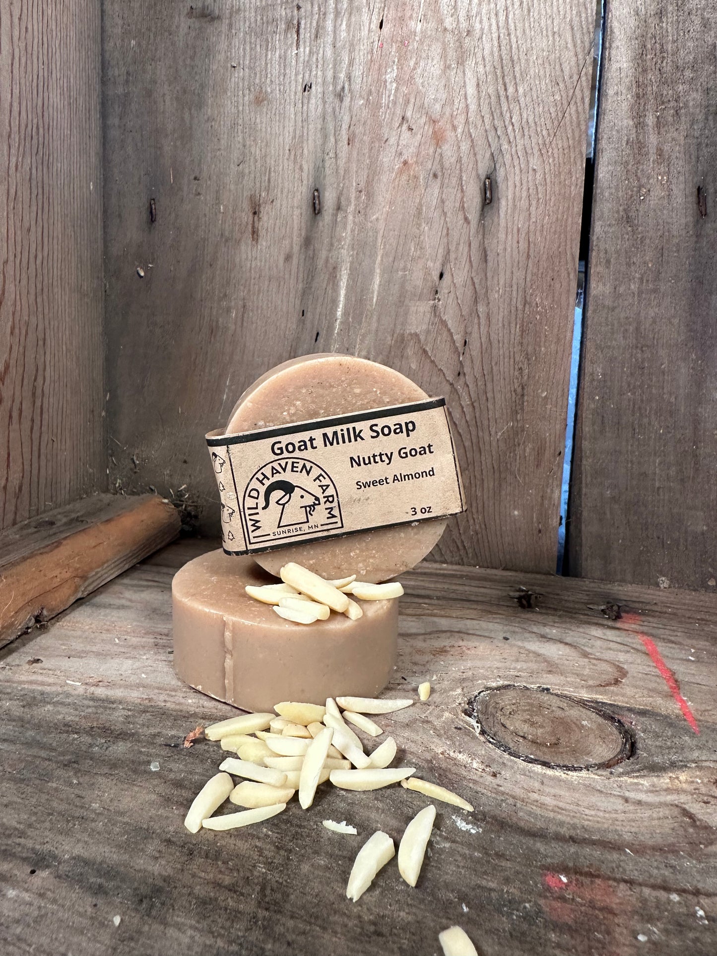 Bar of Wild Haven Farm's Nutty Goat goat milk soap made with San Clemente Island goat milk