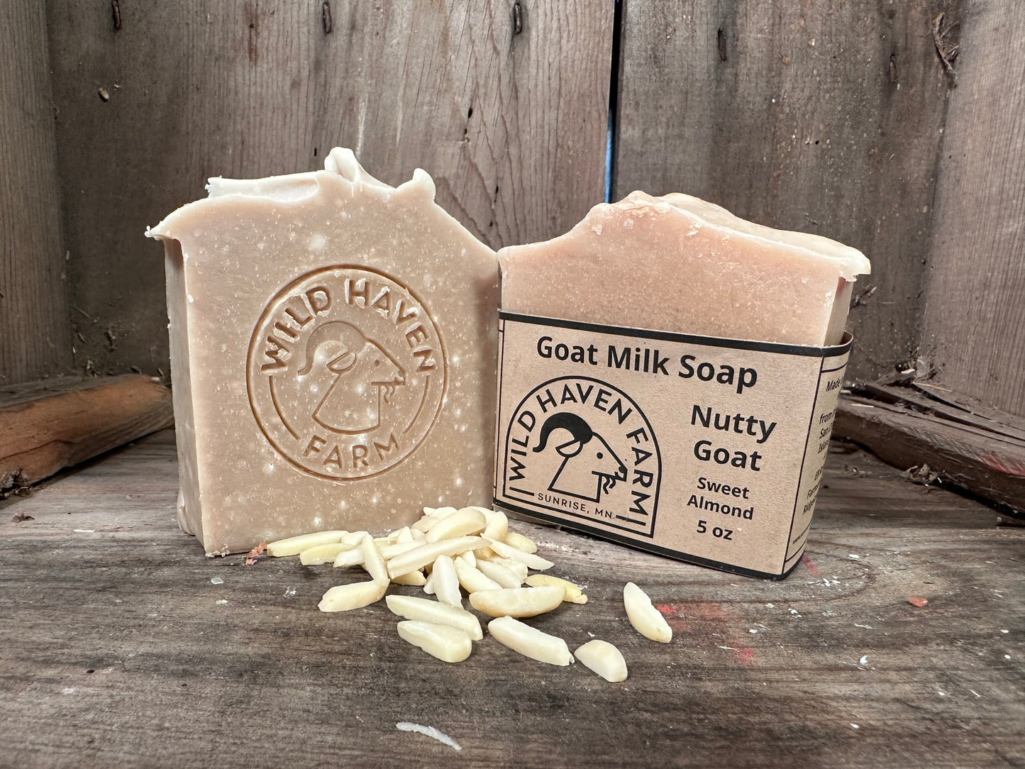 Bar of Wild Haven Farm's Nutty Goat goat milk soap made with San Clemente Island goat milk