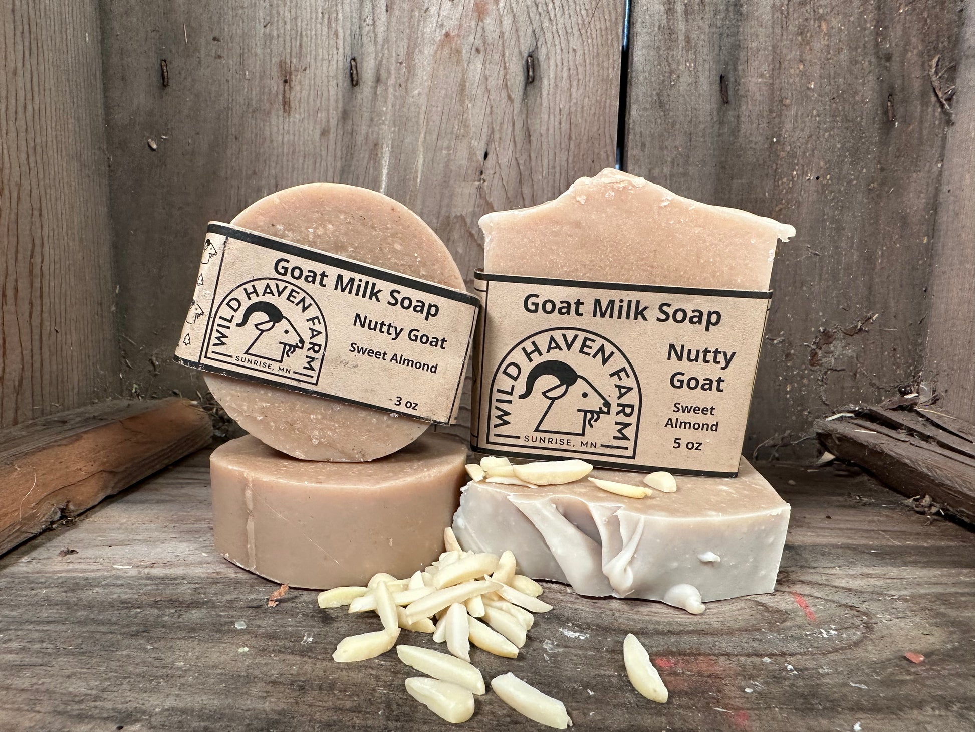 Bar of Wild Haven Farm's Nutty Goat goat milk soap made with San Clemente Island goat milk