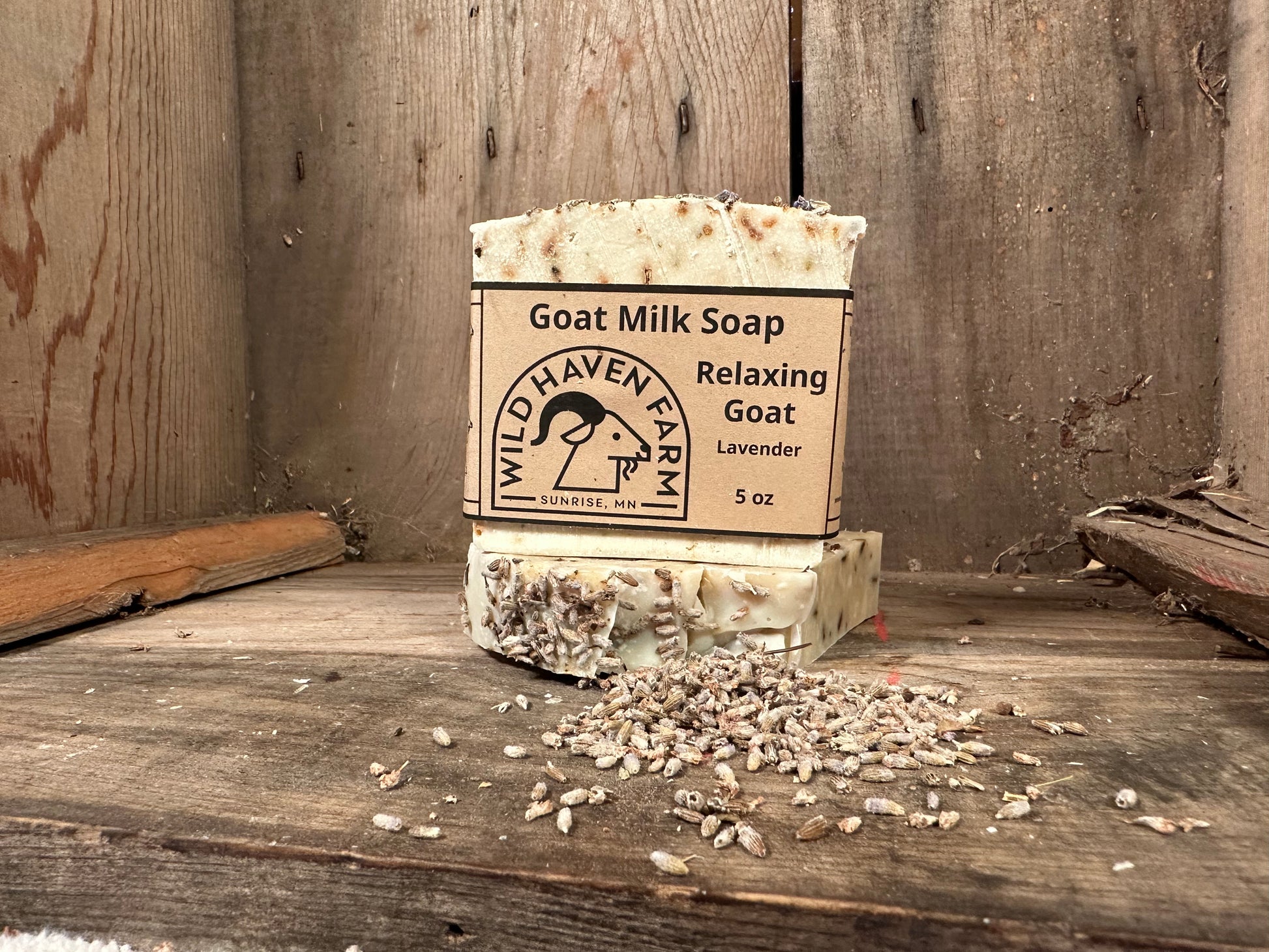 Bar of Wild Haven Farm's Relaxing Goat goat milk soap made with San Clemente Island goat milk