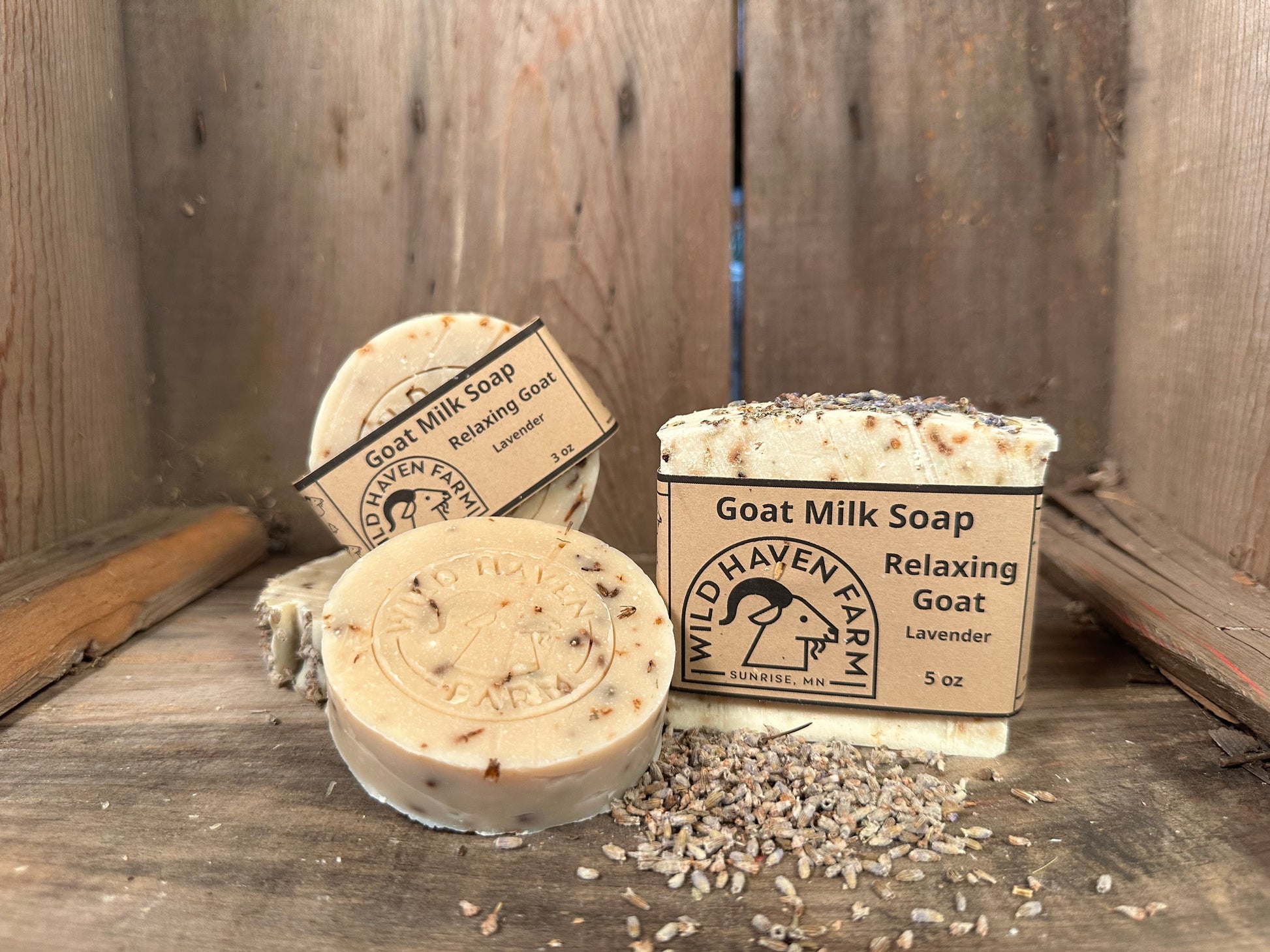 Bar of Wild Haven Farm's Relaxing Goat goat milk soap made with San Clemente Island goat milk