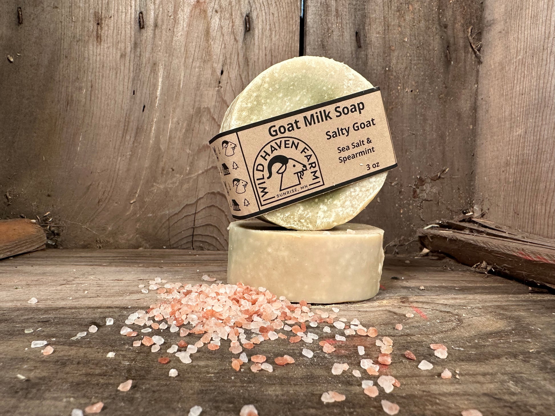 Bar of "Salty Goat" goat milk soap by Wild Haven Farm