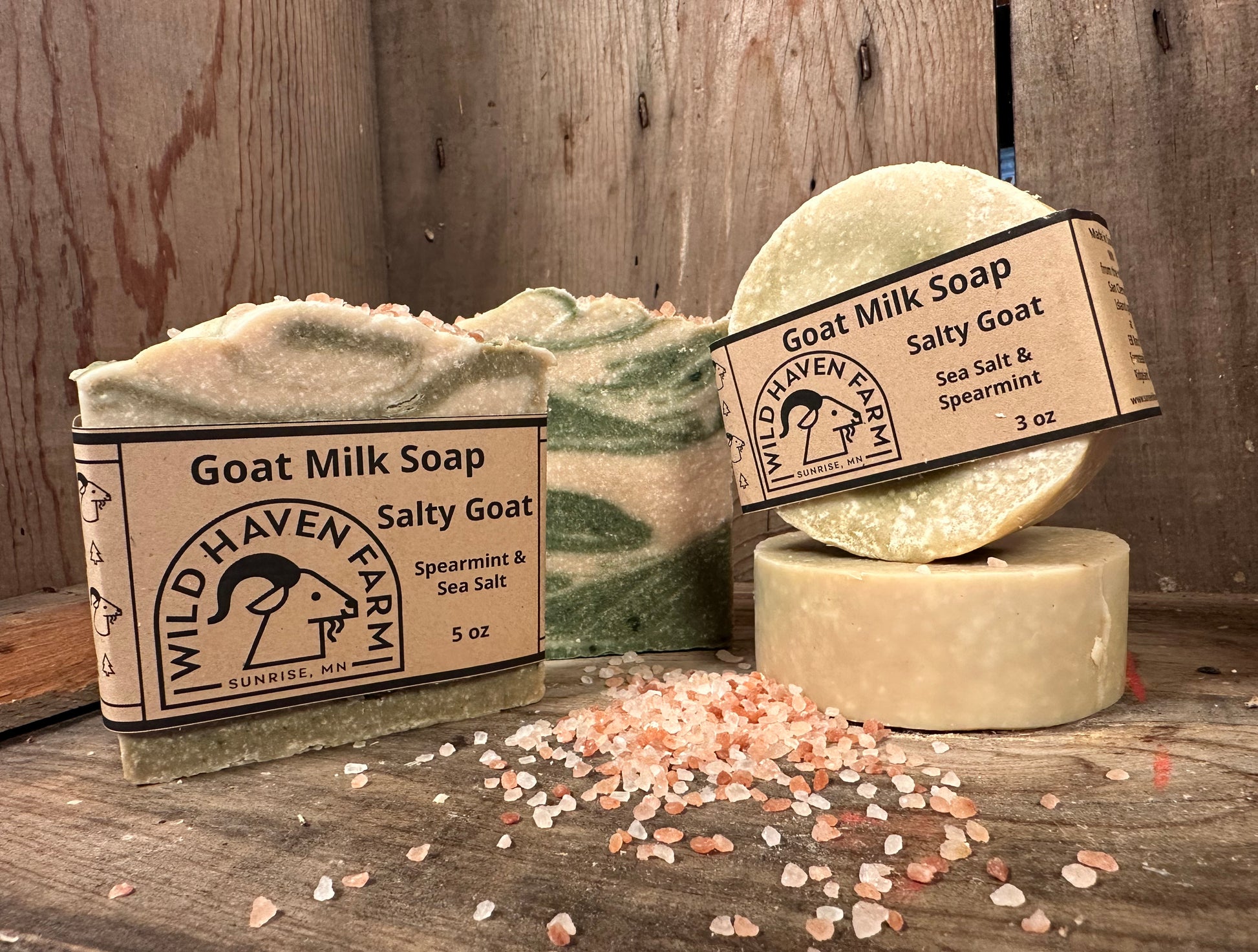 Bar of "Salty Goat" goat milk soap by Wild Haven Farm
