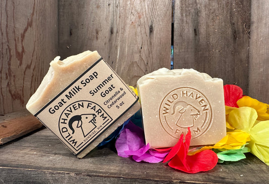 Bar of Wild Haven Farm's "Summertime Goat" goat milk soap