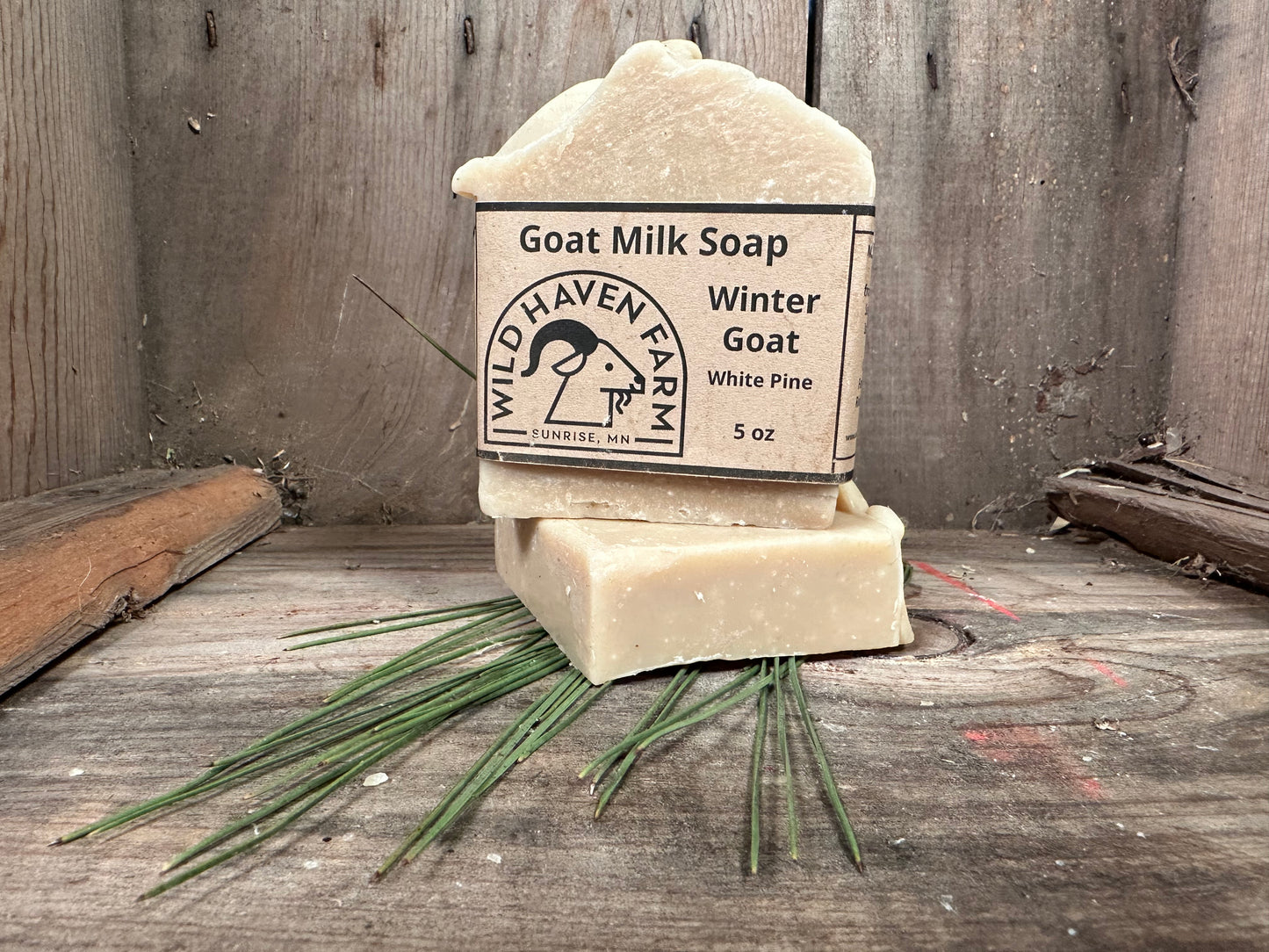 Bar of Wild Haven Farm "Winter Goat" white pine soap handmade with San Clemente Island goat milk