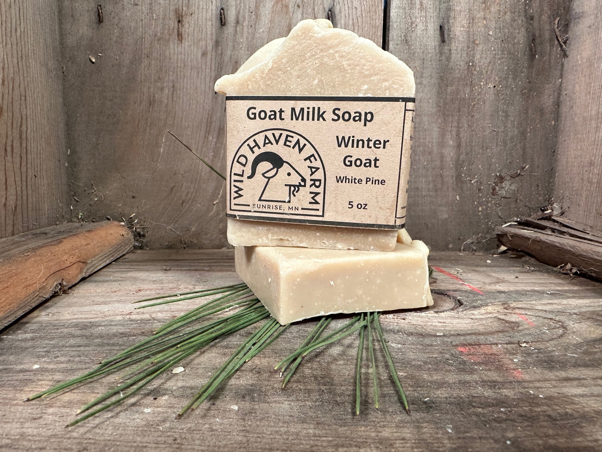 Bar of Wild Haven Farm "Winter Goat" white pine soap handmade with San Clemente Island goat milk