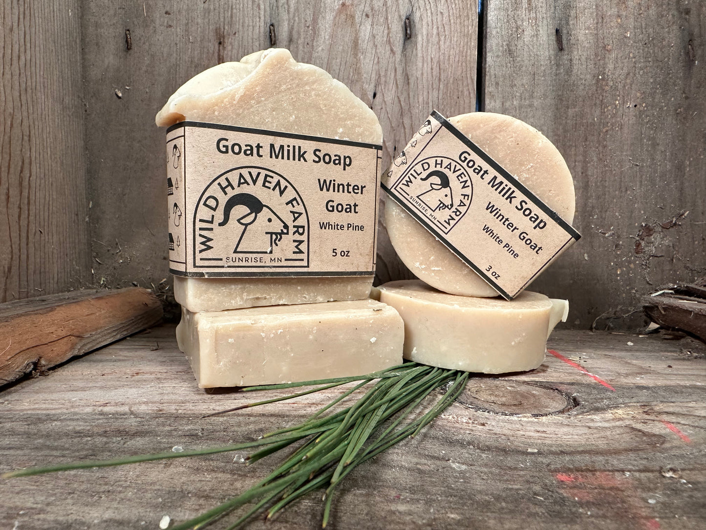 Bar of Wild Haven Farm "Winter Goat" white pine soap handmade with San Clemente Island goat milk