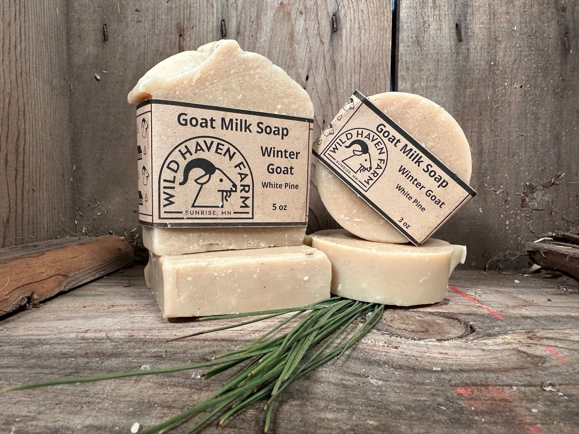 Bar of Wild Haven Farm "Winter Goat" white pine soap handmade with San Clemente Island goat milk