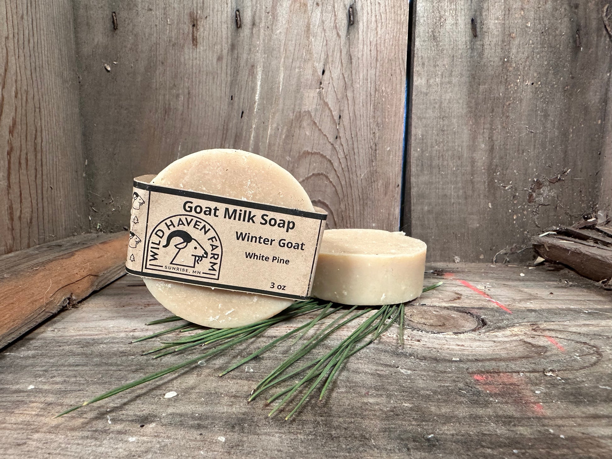Bar of Wild Haven Farm "Winter Goat" white pine soap handmade with San Clemente Island goat milk