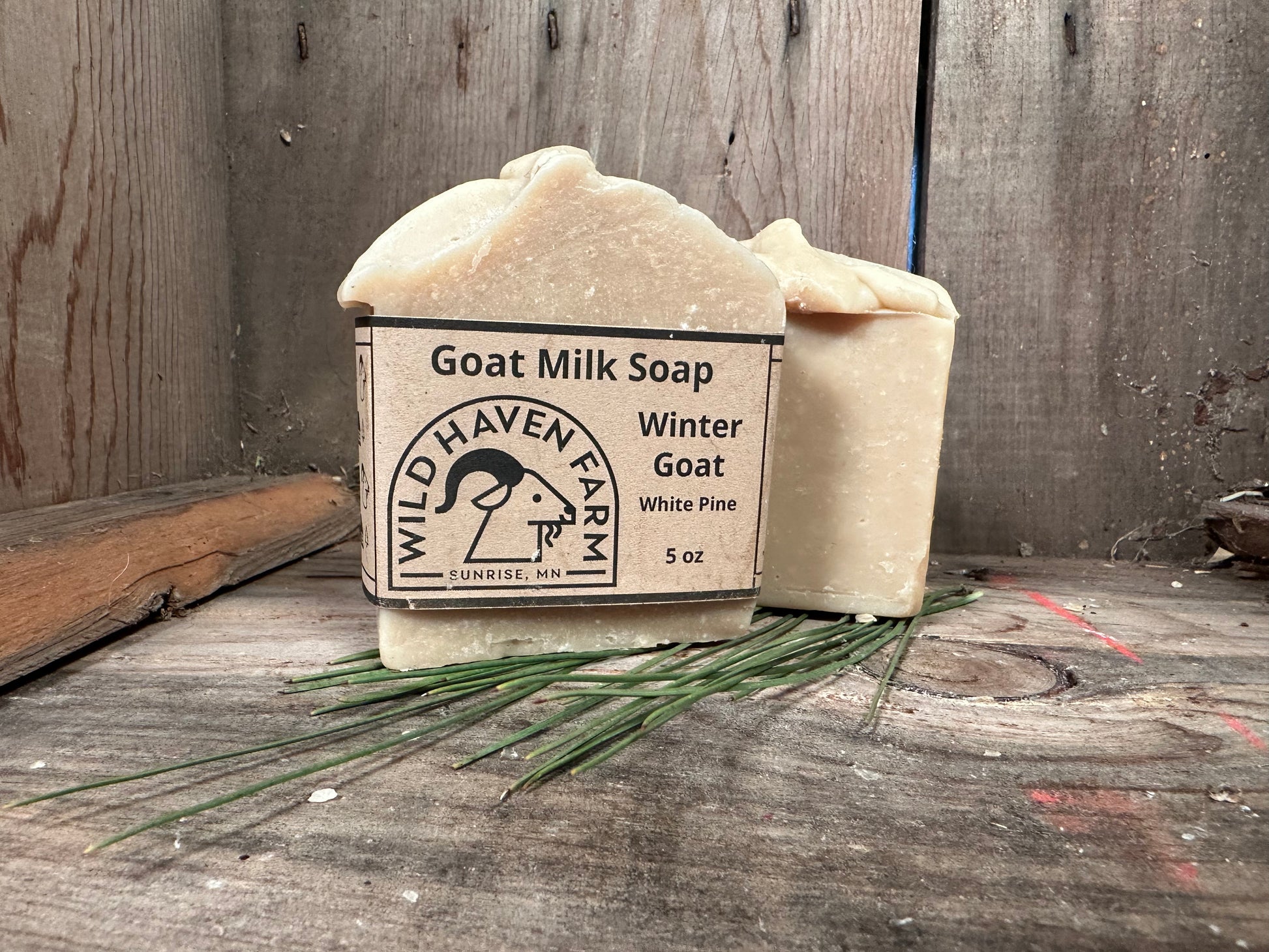 Bar of Wild Haven Farm "Winter Goat" white pine soap handmade with San Clemente Island goat milk