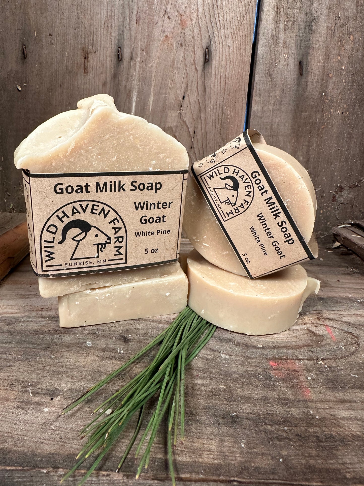 Bar of Wild Haven Farm "Winter Goat" white pine soap handmade with San Clemente Island goat milk