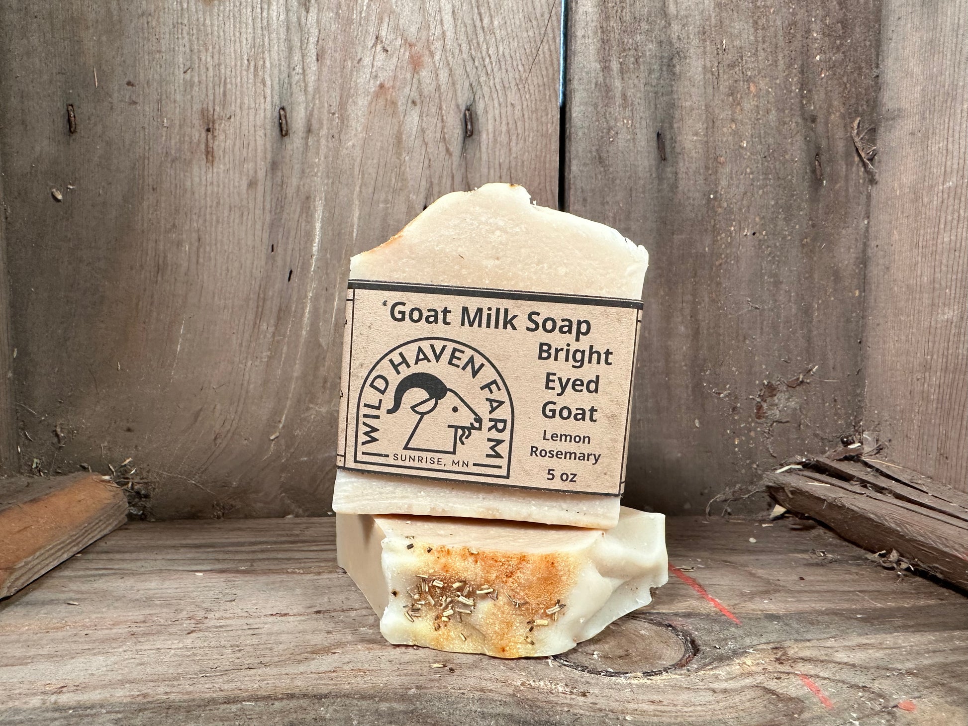 Bar of Wild Haven Farm's Bright Eyed Goat goat milk soap made with San Clemente Island goat milk