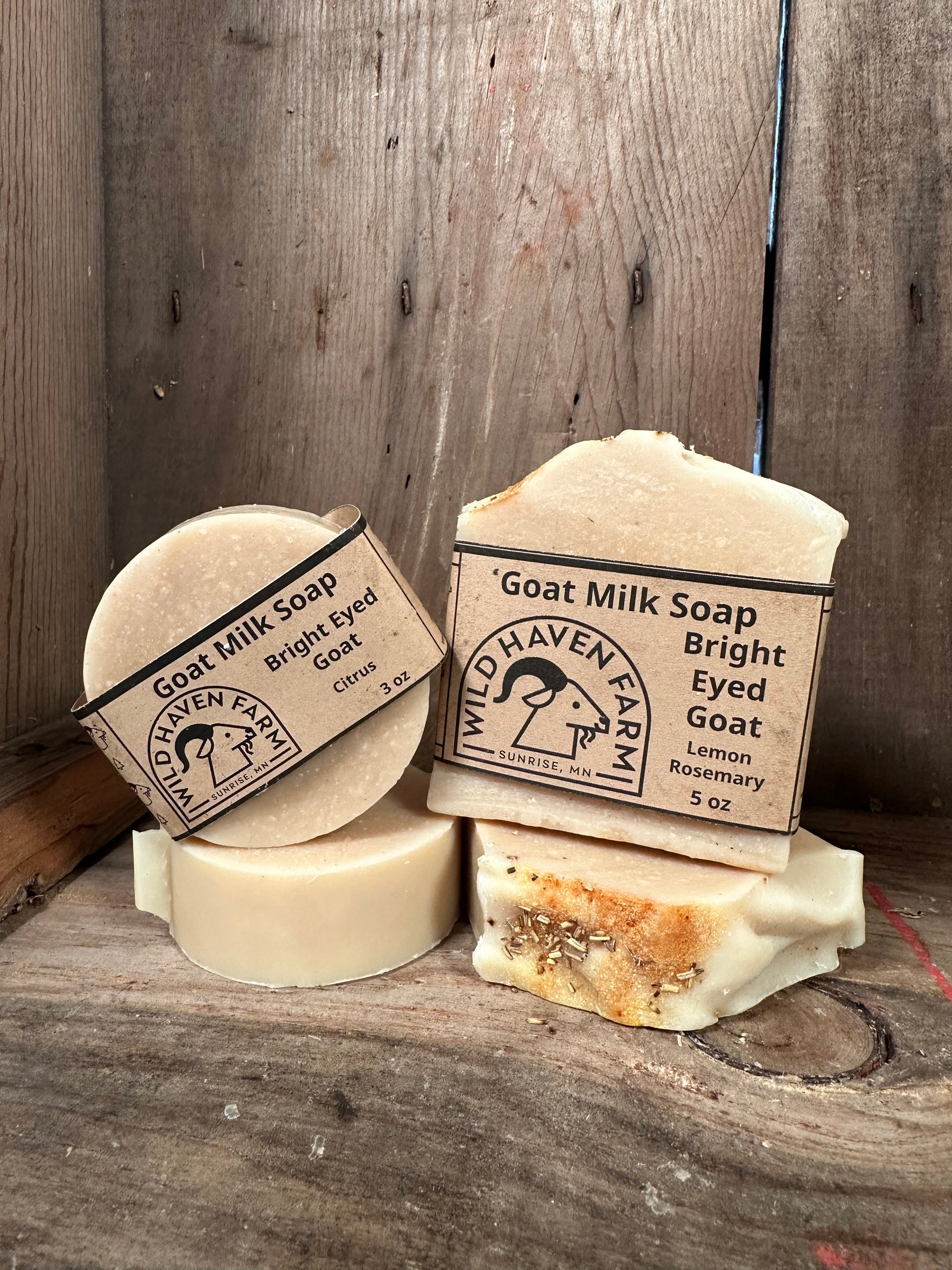 Bar of Wild Haven Farm's Bright Eyed Goat goat milk soap made with San Clemente Island goat milk