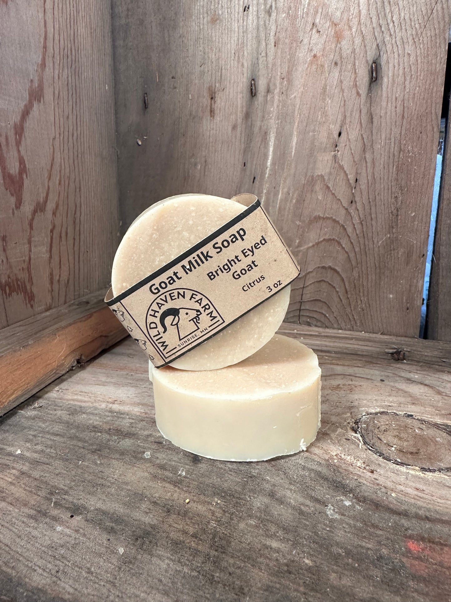 Bar of Wild Haven Farm's Bright Eyed Goat goat milk soap made with San Clemente Island goat milk