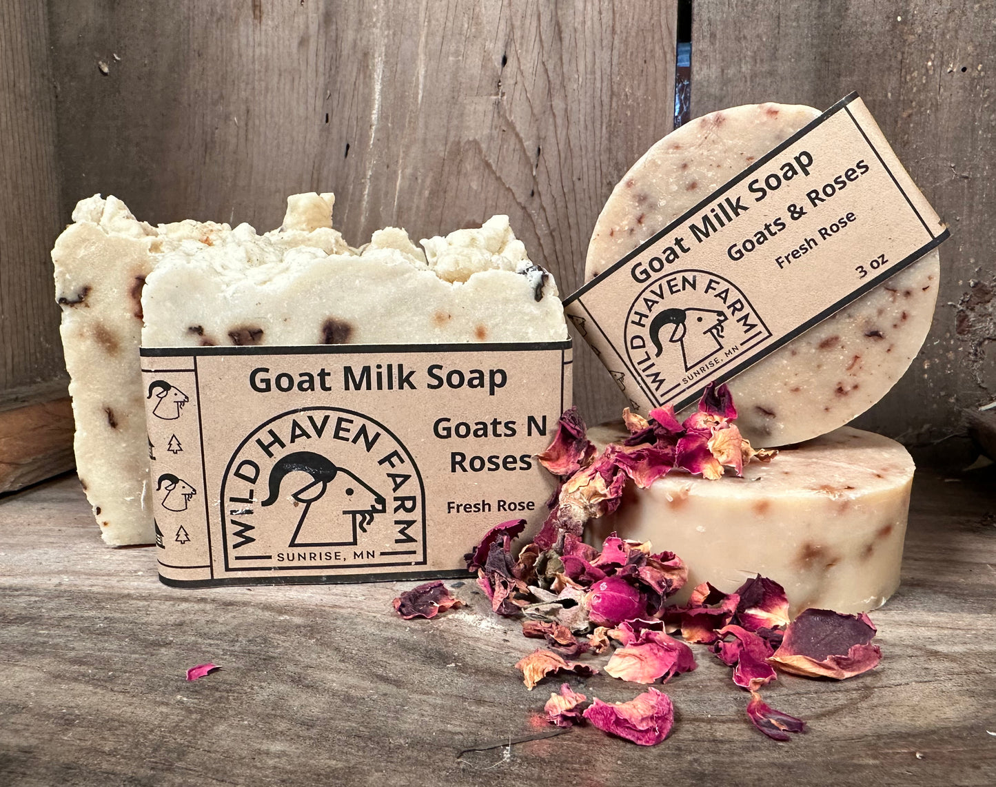 Bar of Wild Haven Farm's Goats N Roses Goat goat milk soap made with San Clemente Island goat milk